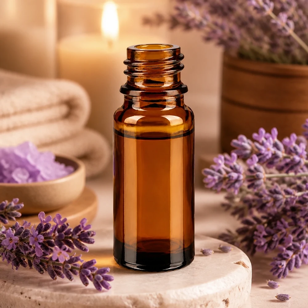 Frasco boticário castanho ApoGlas de 10 ml com lavanda e acessórios de bem-estar num ambiente relaxante de spa