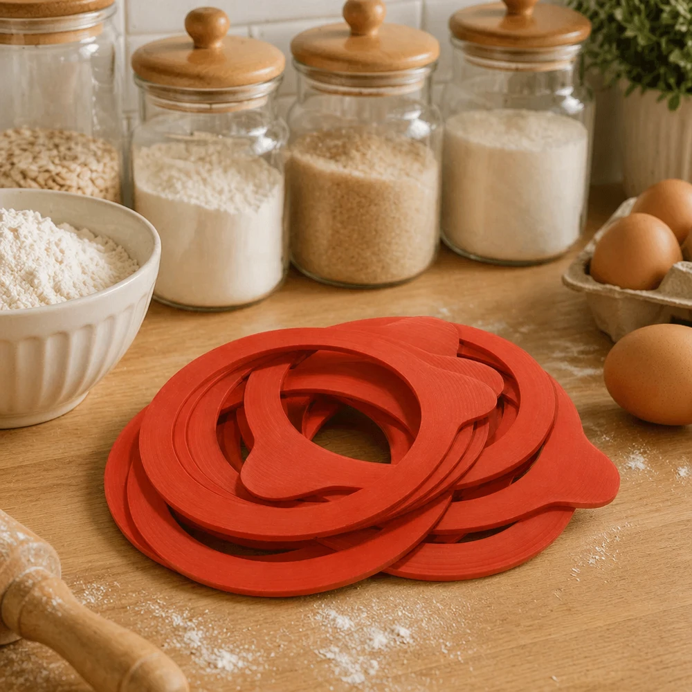 Anel de vedação em borracha natural RR80 Anel de conservação Anéis de vedação empilháveis de borracha natural laranja RR80 Mesa de madeira para cozinha Acessórios de conservação Utensílios de cozinha