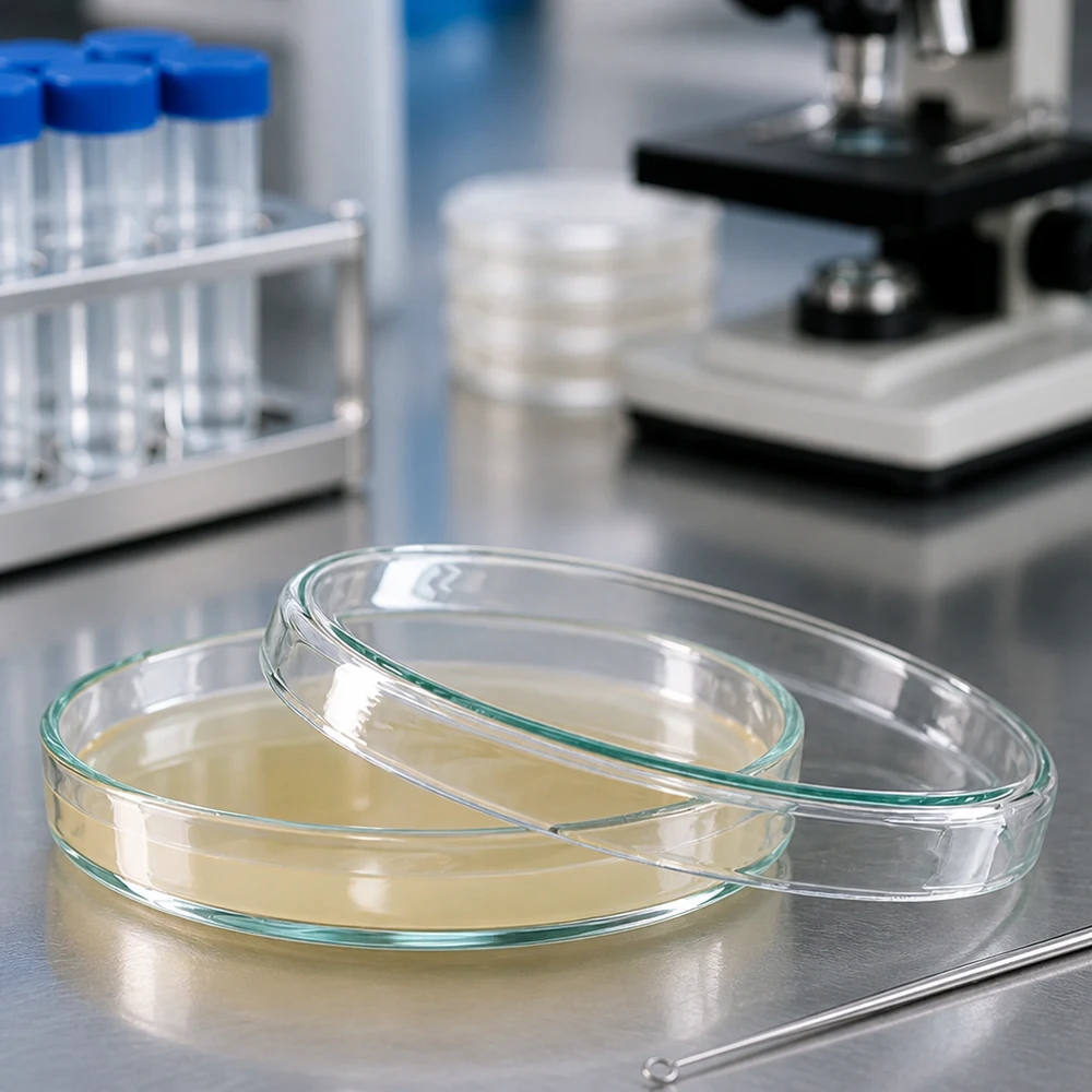 Placa de Petri de 90 x 15 mm em vidro transparente, com ágar nutritivo amarelado, sobre uma superfície de aço inoxidável