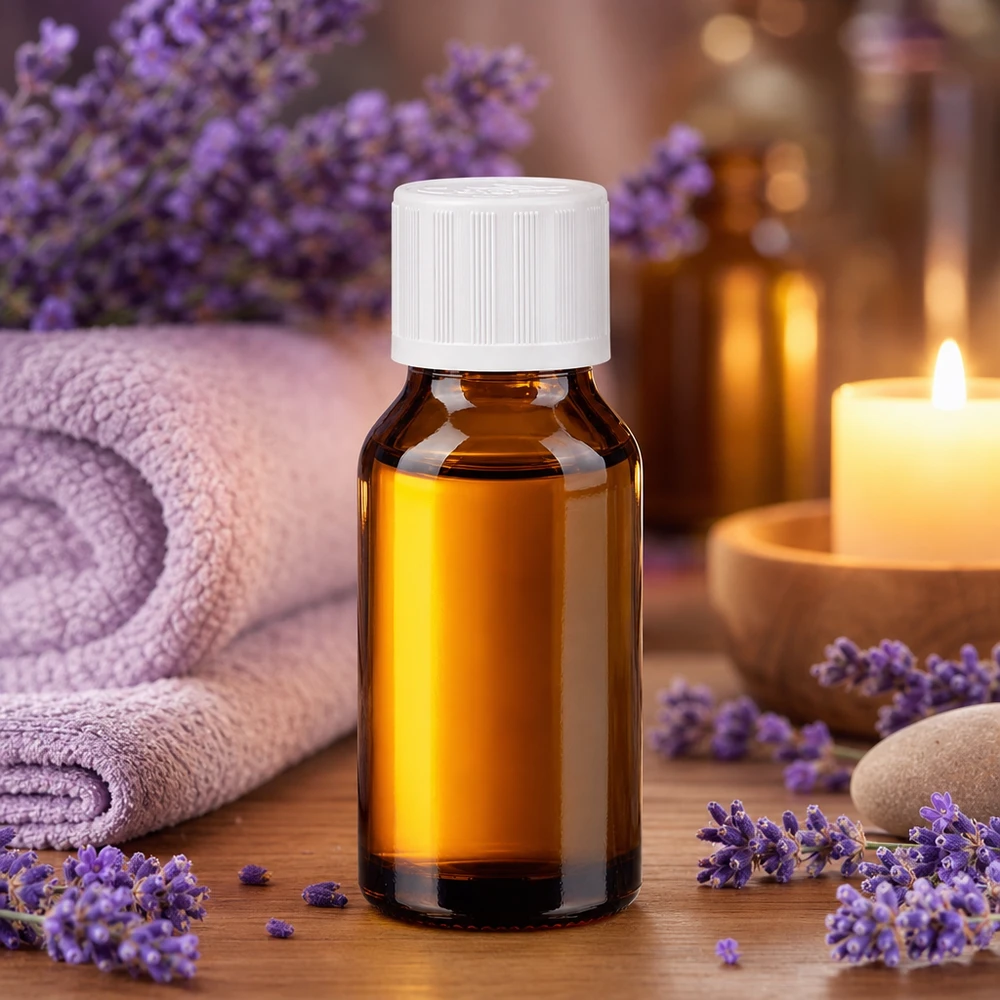 Frasco de vidro castanho de 30 ml com tampa de segurança para crianças branca, ao lado de flores de lavanda e de uma vela
