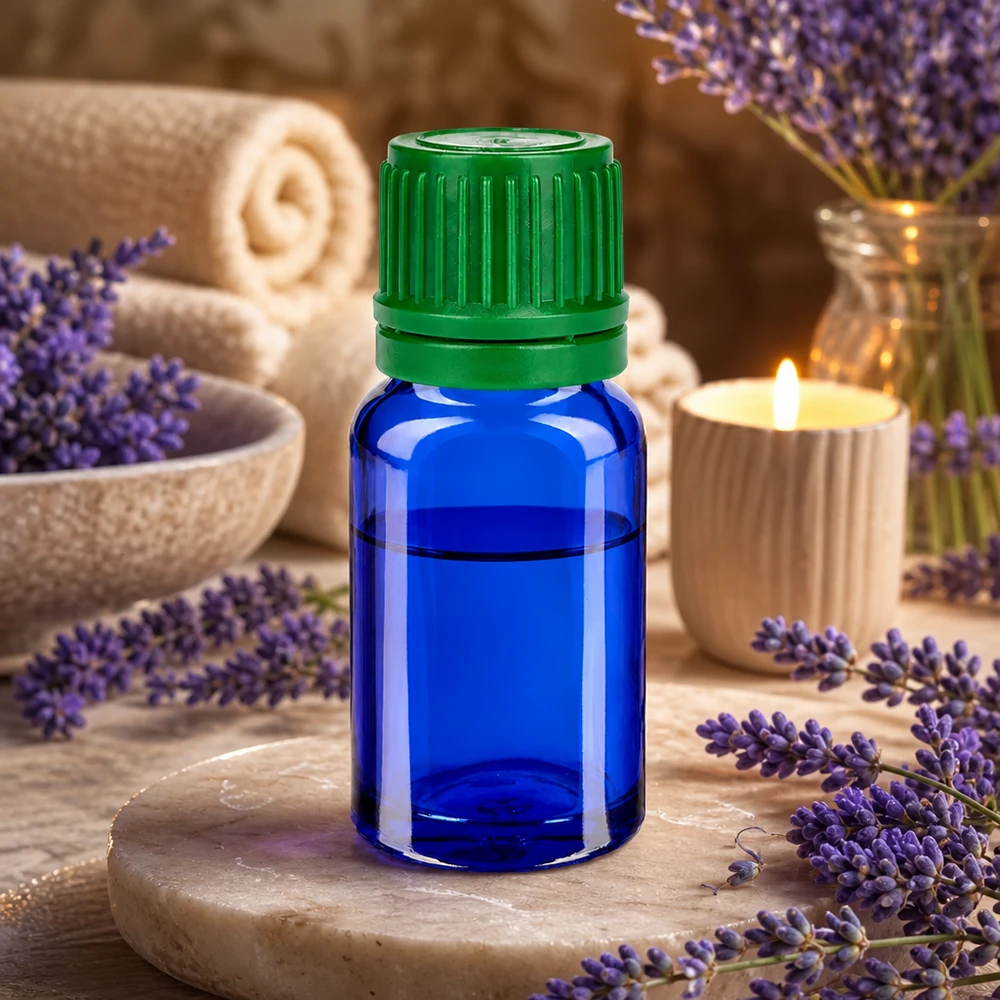 Frasco de 10ml com tampa de rosca de 11mm verde BlueLine UT18/10 Frasco de vidro de 10 ml em azul-cobalto com tampa verde à prova de crianças para uma conservação segura