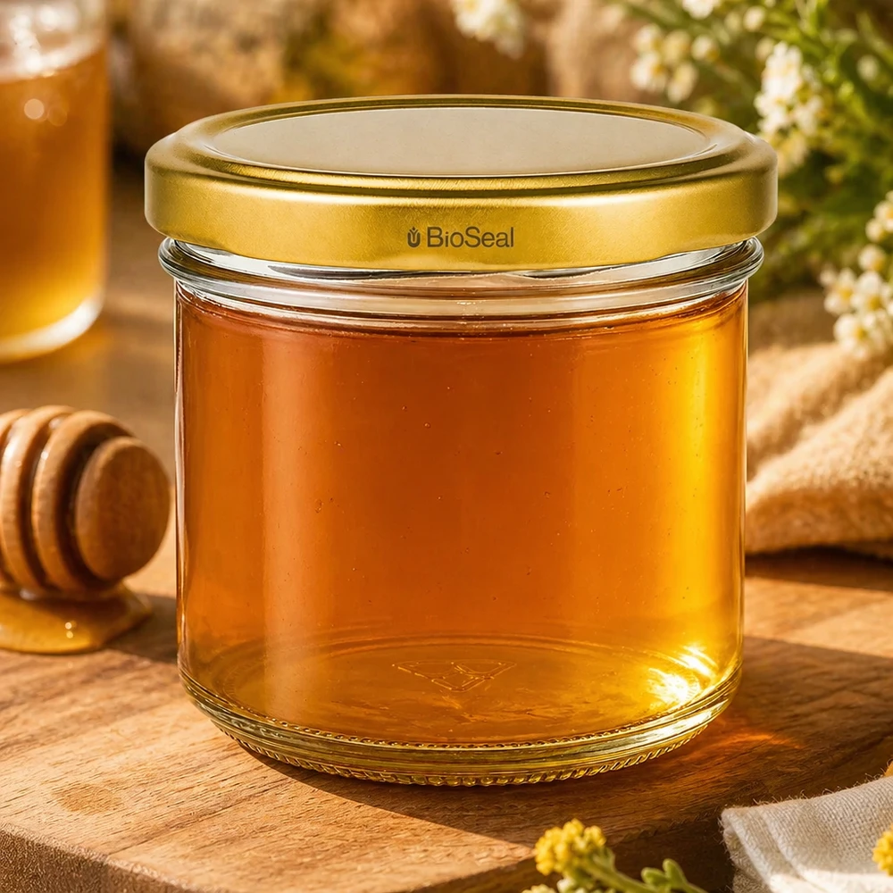 Copos de vidro de 125 ml com tampa dourada UNiTWIST BioSeal Copos UNiTWIST 125 ml cheios de mel - tampa dourada TO66 BioSeal em tábua de madeira com colher de mel