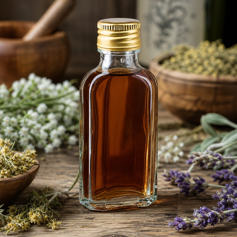 Frasco Meplat de 50 ml transparente com tampa de alumínio dourada PP22, entre a lavanda e as ervas medicinais