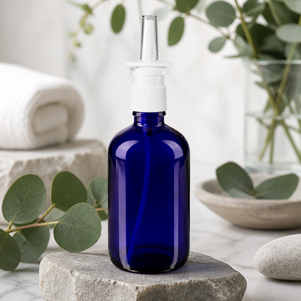 Frasco de farmácia azul 100ml atomizador nasal branco standard Frasco de vidro de farmácia azul de 100 ml com bico pulverizador nasal sobre pedra natural, em frente ao eucalipto