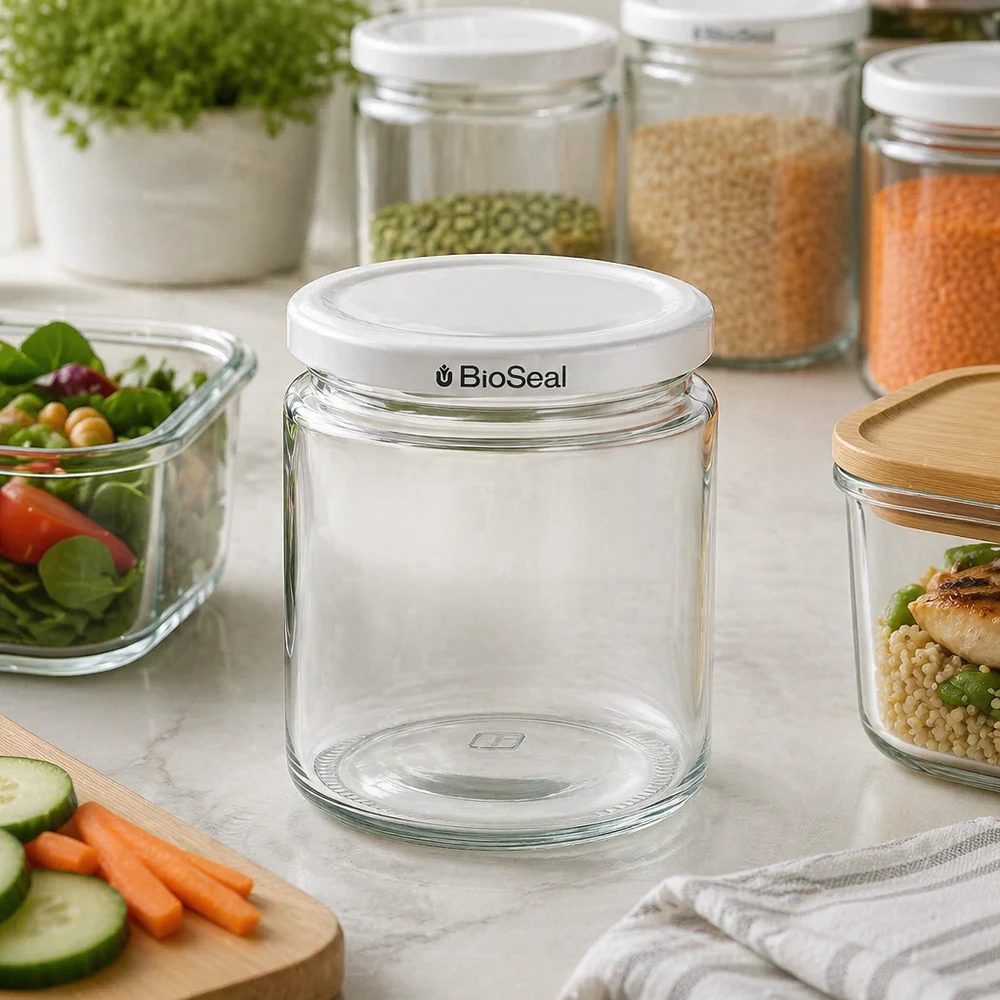 350g Honigglas + BioSeal Deckel weiß UNiTWIST Frasco de mel de 250 ml com tampa BioSeal branca vazio numa cozinha moderna entre frascos de armazenamento e alimentos frescos