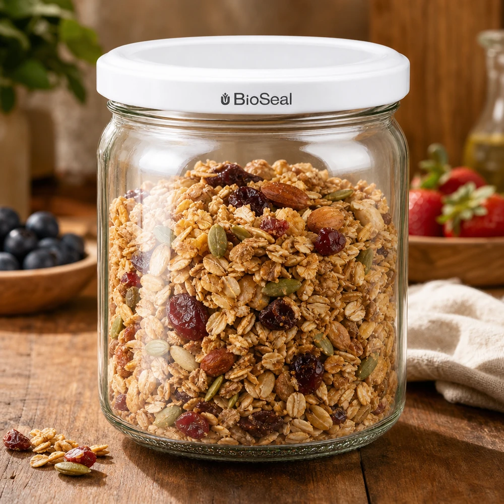 Frasco UNiTWIST Runda408 cheio de muesli - armazenamento prático de alimentos com fecho BioSeal