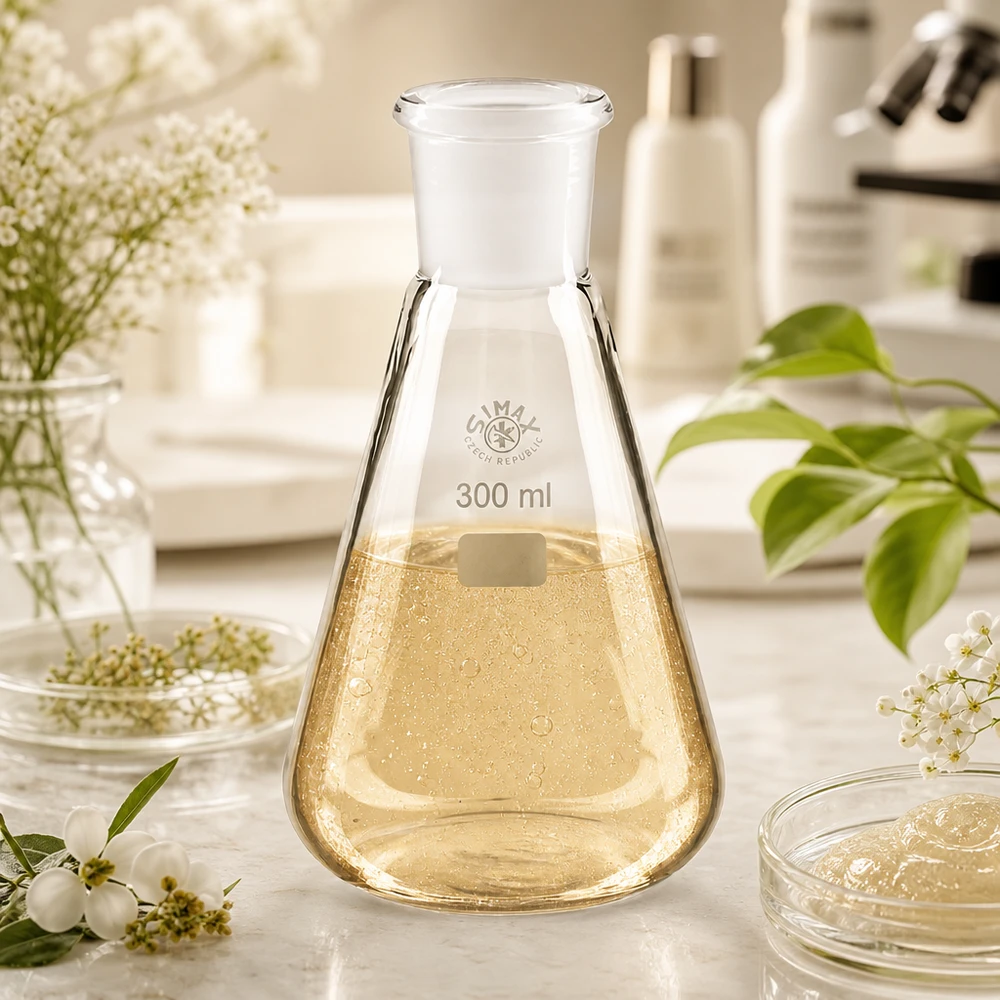 Erlenmeyer de 300 ml com junta rectificada padrão 29/32 e solução amarelo dourado para experiências científicas