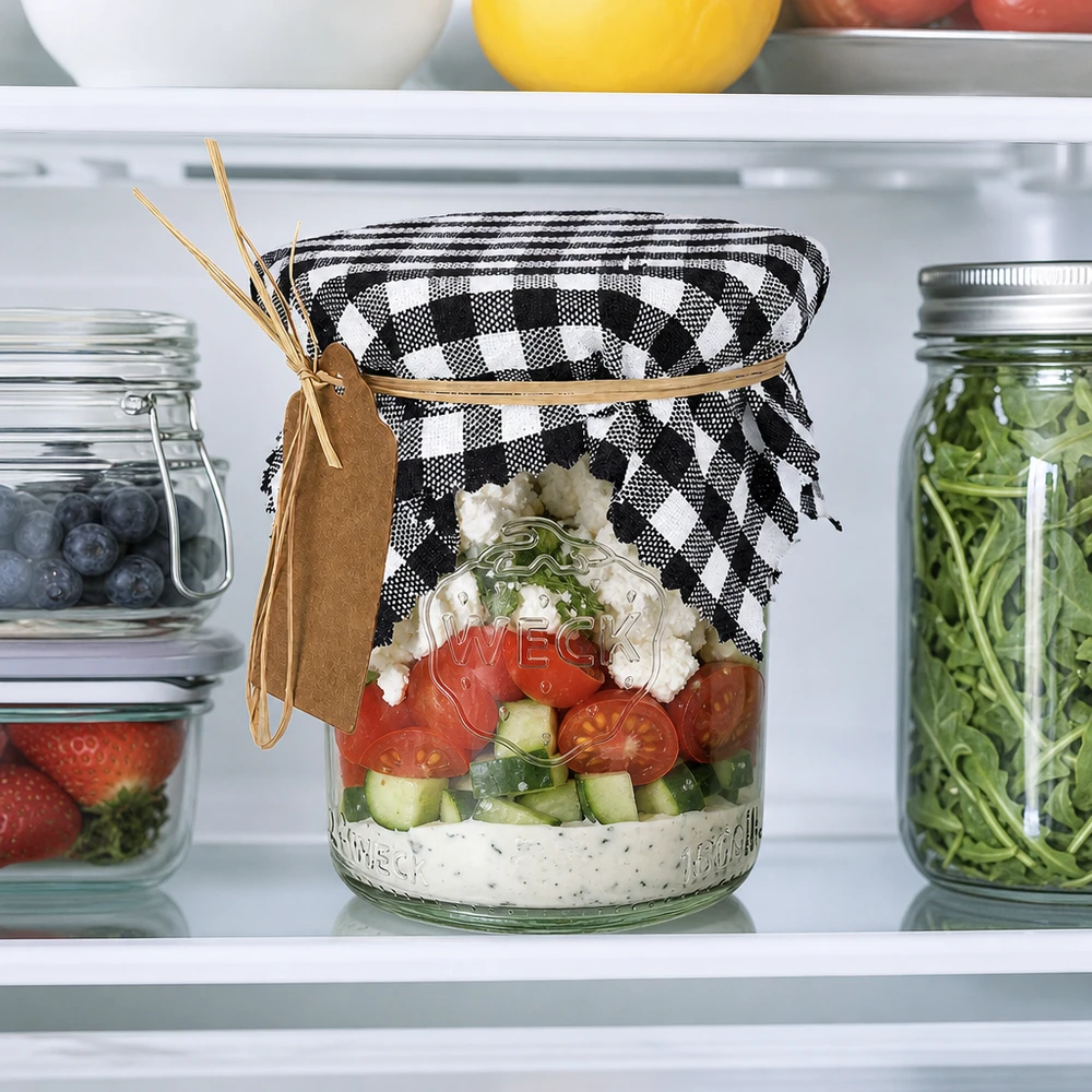 Pano para jóias em tecido preto axadrezado quadrado de 12 cm Guardanapo de tecido axadrezado preto e branco com laço de ráfia no frasco de salada no frigorífico, prático para preservar a frescura