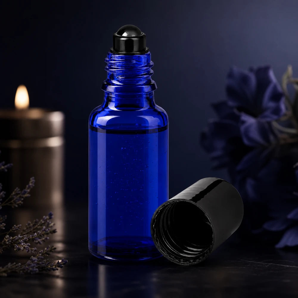Frasco de farmácia azul 20ml tampa roll-on preto Pequeno frasco de farmácia azul de 20 ml com aplicador de bola rolante e tampa preta amovível