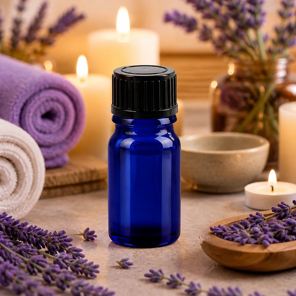 Frasco de vidro compacto de 5 ml em azul-cobalto elegante com tampa prática para aromaterapia
