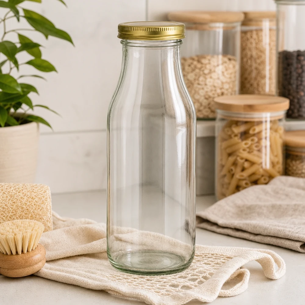 Frasco de 263 ml com tampa dourada UNiTWIST BioSeal Garrafa UNiTWIST Garrafa de vidro 263 com tampa dourada TO43 BioSeal em cozinha sustentável de desperdício zero com frascos de arrumação