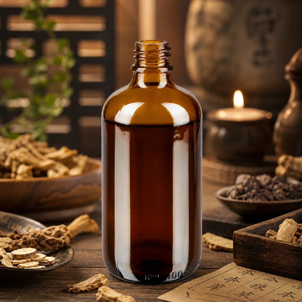 Frasco conta-gotas de 100 ml DIN 18 em vidro âmbar Frasco de farmácia castanho de 100 ml ApoGlas com ervas TCM ginseng e pimenta na prática de cura asiática