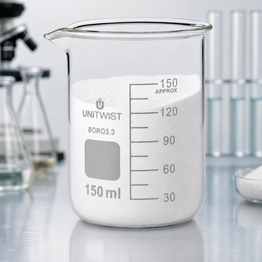 Copo de vidro UNiTwist de 150 ml, borossilicato 3.3, de formato baixo, cheio de pó branco no laboratório