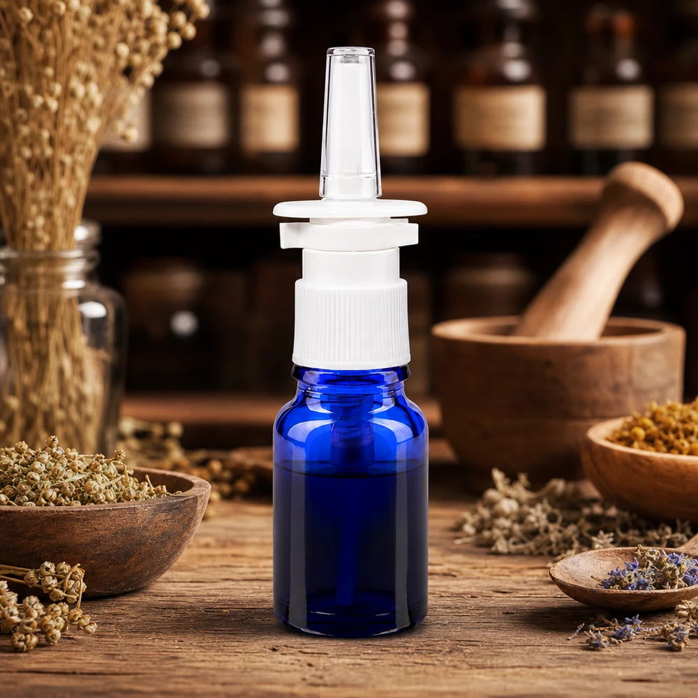 Frasco compacto de spray nasal de 10 ml em azul cobalto com tampa de bomba branca sobre uma mesa de madeira