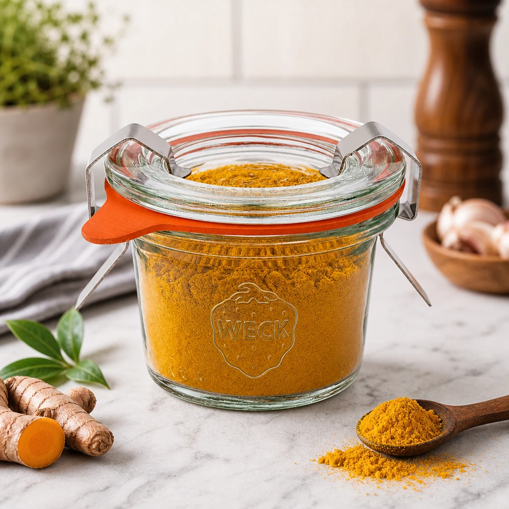 Os copos WECK RR40 de 35 ml cheios de curcuma ao lado de gengibre fresco mostram o armazenamento de especiarias e ervas aromáticas