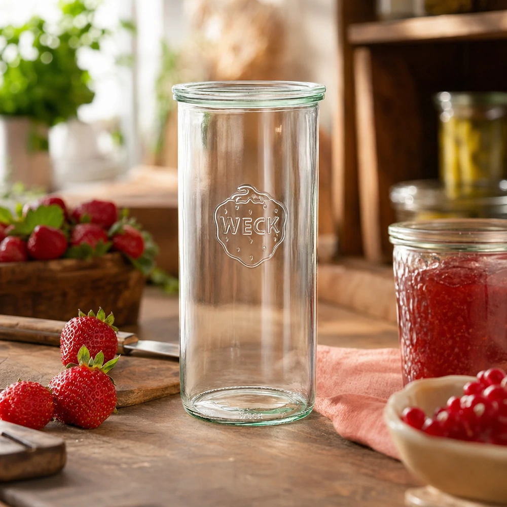 Copos WECK 1500ml RR100 numa cozinha rústica com morangos frescos e compota como decoração