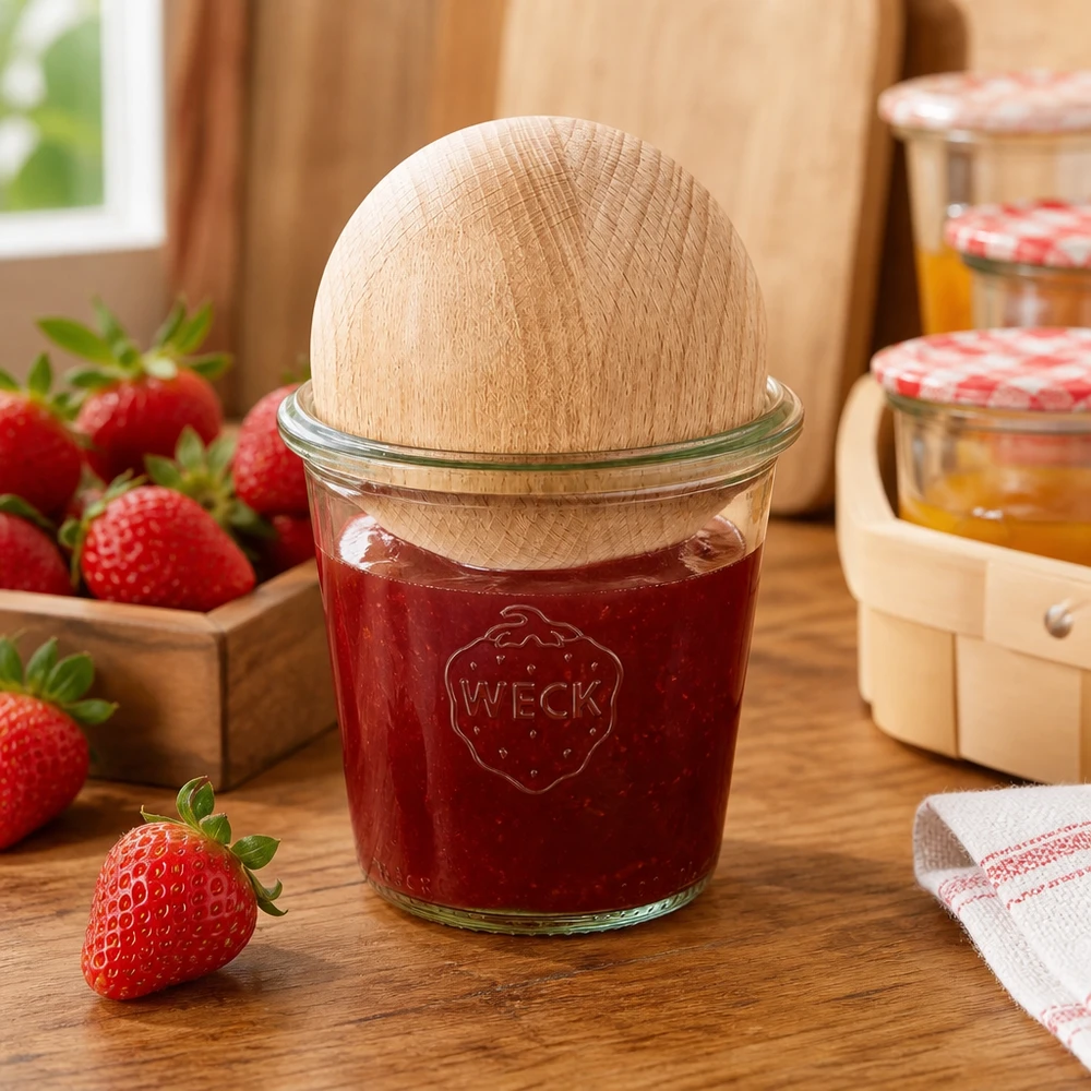 Frasco de conserva WECK 290ml RR80 cheio de compota de morango e rolha de bola de madeira em faia na cozinha