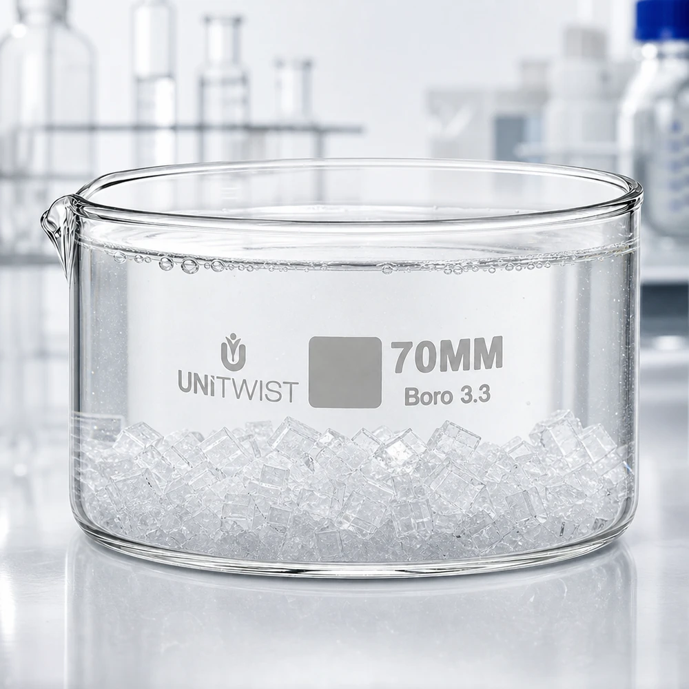 Prato de cristalização ø70mm vidro borossilicato UNiTWIST Baceta de cristalização UNiTWIST de 70 mm, em Boro 3.3, cheia de cubos de gelo num ambiente de laboratório