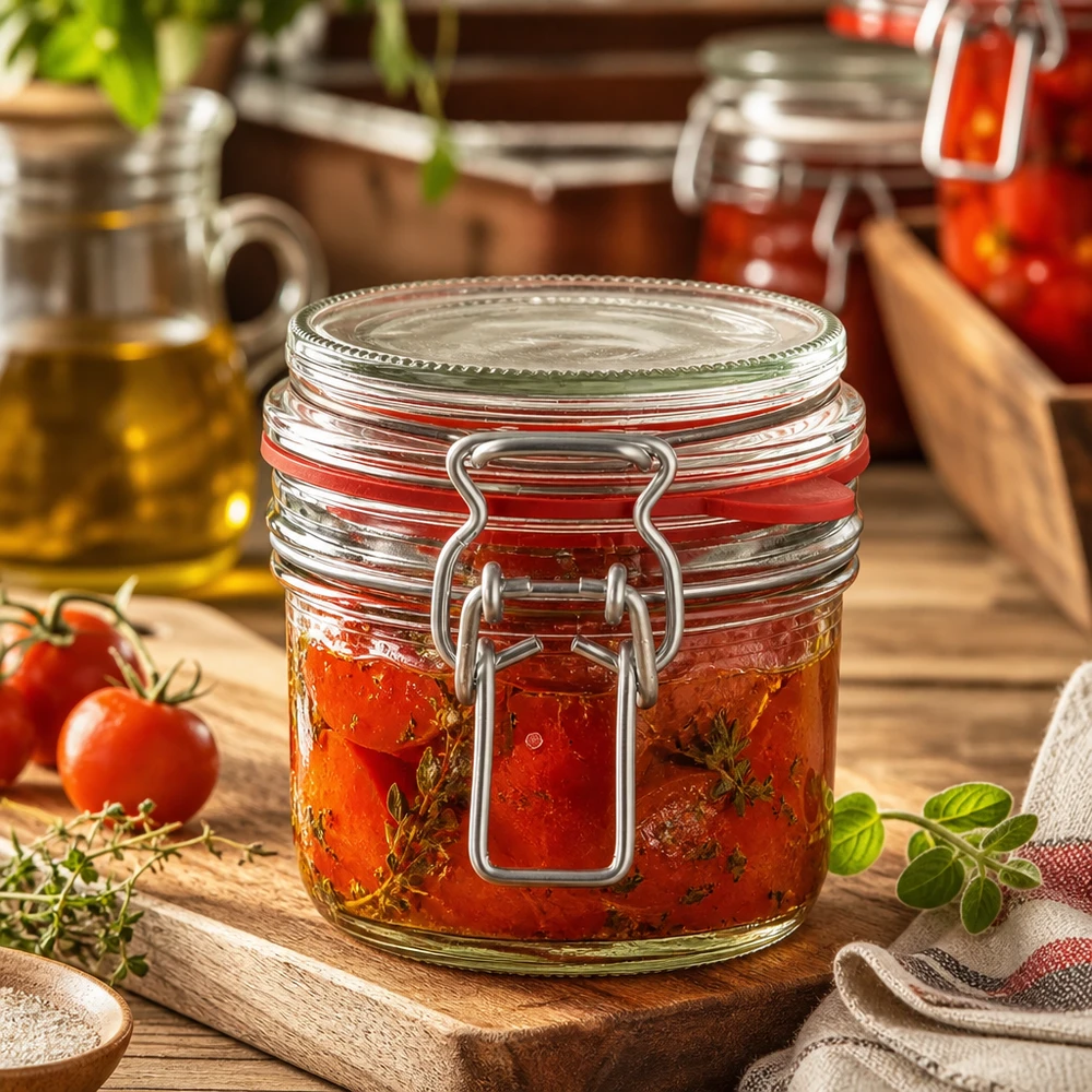 Frasco de conserva de 255 ml, tipo G, com tampa de fecho de alça UN.. Einmachglas 255ml gefüllt mit eingelegten Tomaten und Kräutern, rustikale Küchendeko auf Holzbrett mit frischen Zutaten
