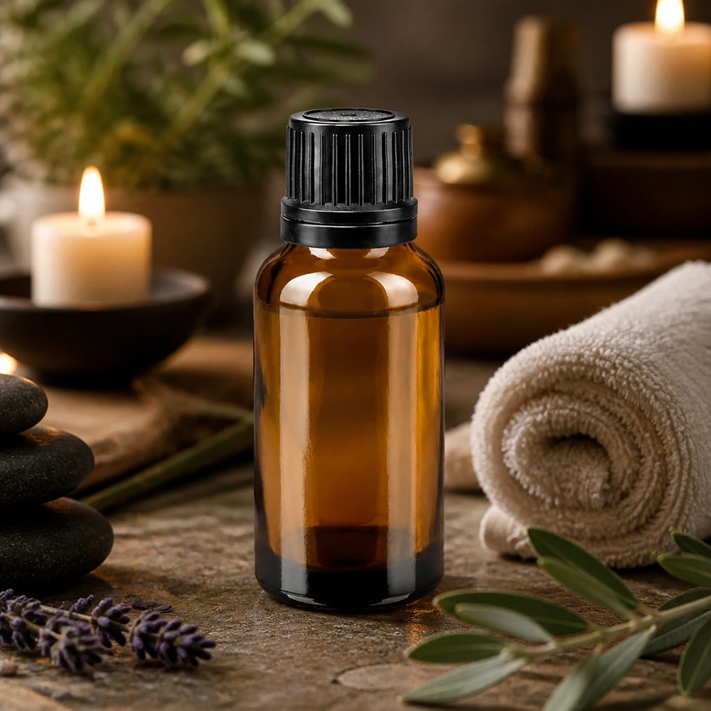 Frasco de farmácia castanho 20ml tampa de rosca preta anel de vazamento fecho inviolável Frasco de vidro de 20 ml na cor âmbar com tampa preta estriada para aromaterapia e ambiente de spa