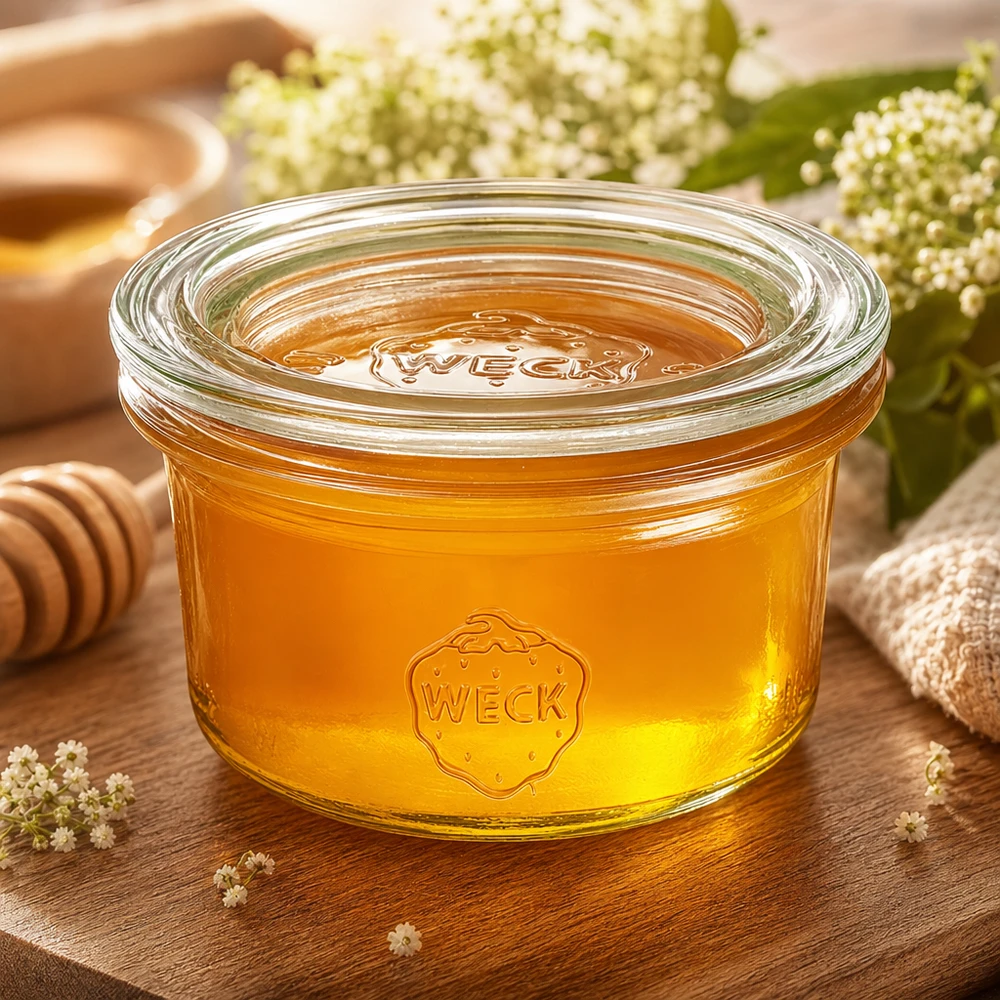 Copos WECK de 50 ml cheios de mel, junto a uma colher de mel e flores, apresentados naturalmente numa mesa de madeira rústica
