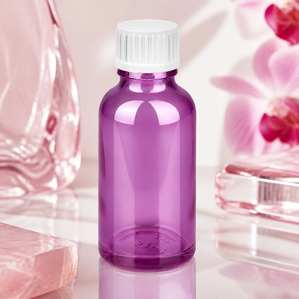 Pequeno frasco de vidro de 30 ml em roxo brilhante, perfeito para perfume e óleos essenciais