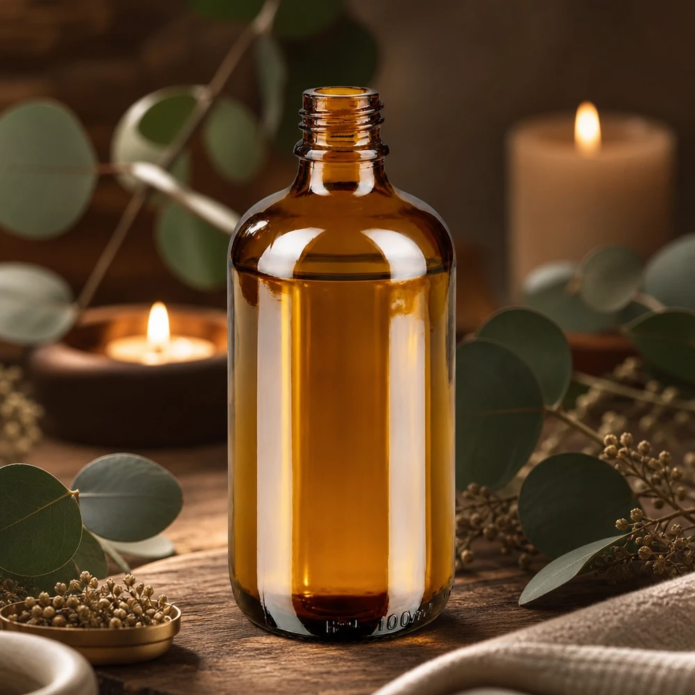 Frasco de farmácia ApoGlas castanho 100ml com óleos essenciais, eucalipto e velas dispostas de forma decorativa