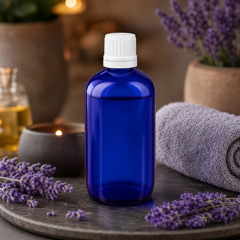 Frasco de farmácia azul 100ml com tampa conta-gotas 1.2mm branca com fecho inviolável Frasco conta-gotas ApoGlas azul de 100 ml com tampa OV branca, entre ramos frescos de lavanda