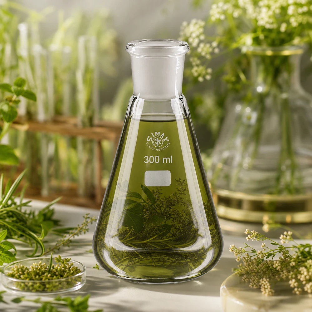 Erlenmeyer de 300 ml com ervas verdes e extractos de plantas para experiências de laboratório botânico