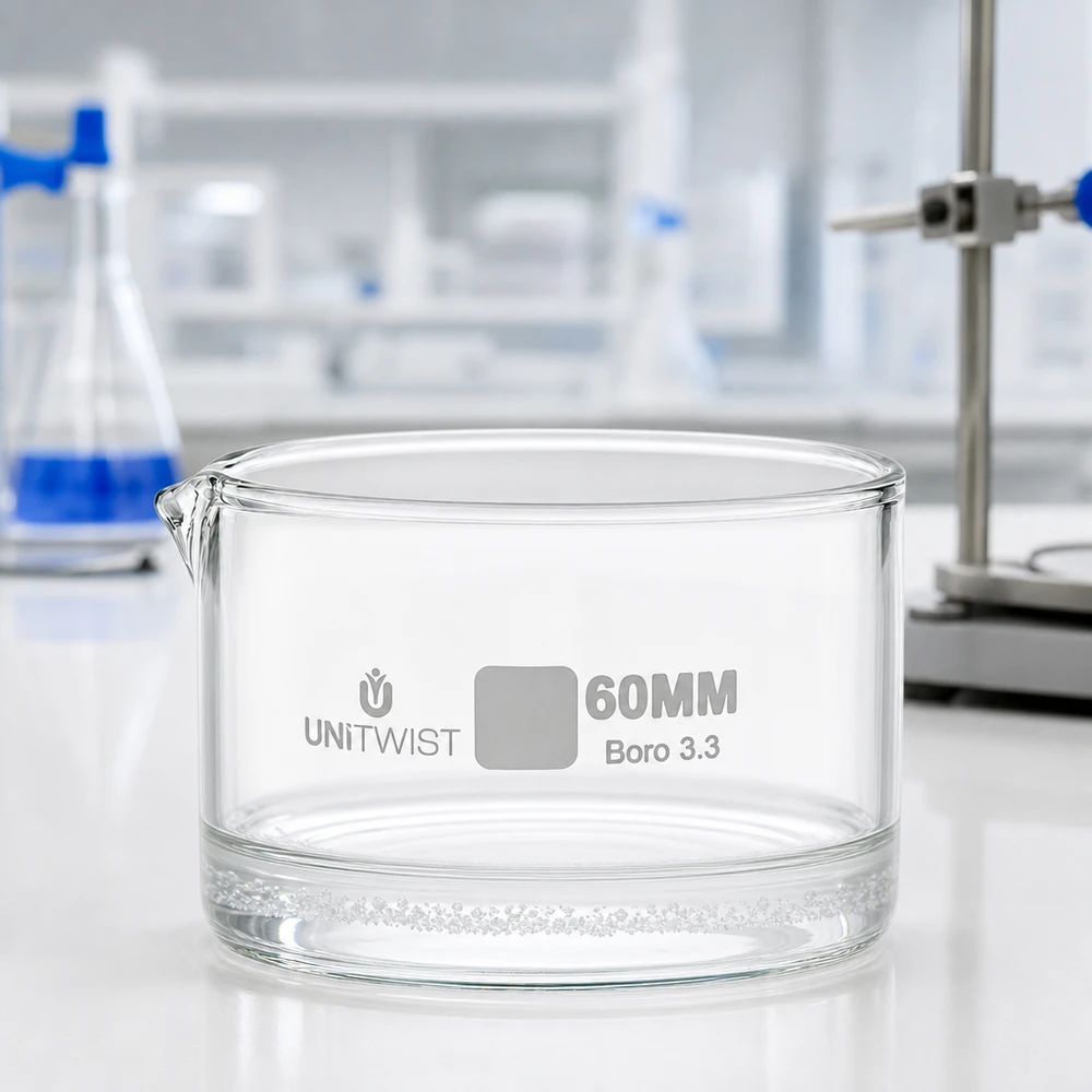 Bandeja de cristalização em vidro borossilicato de 60 mm UNiTWIST Boro 3.3 sobre uma superfície de laboratório branca