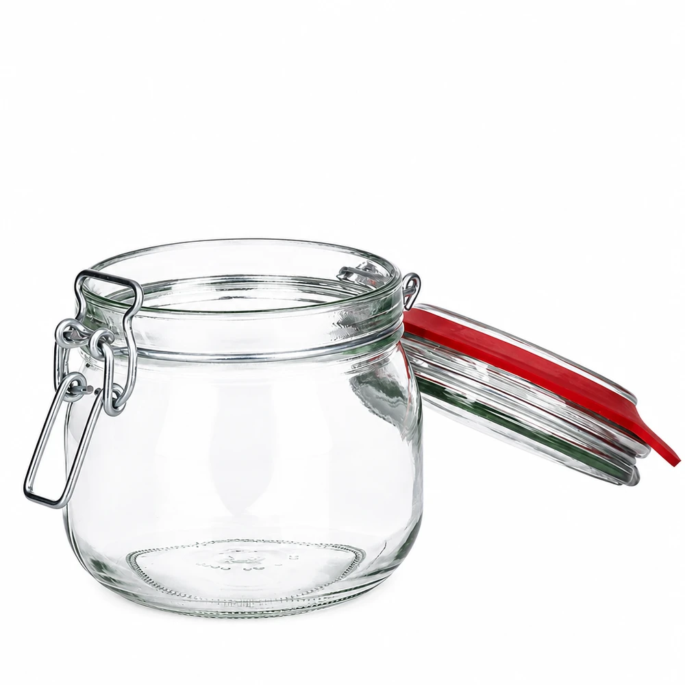 Frasco de conservação de 634 ml, tipo G, com tampa de alça UN.. Einweckglas 634ml mit traditionellem Bügelverschluss aus robustem Klarglas