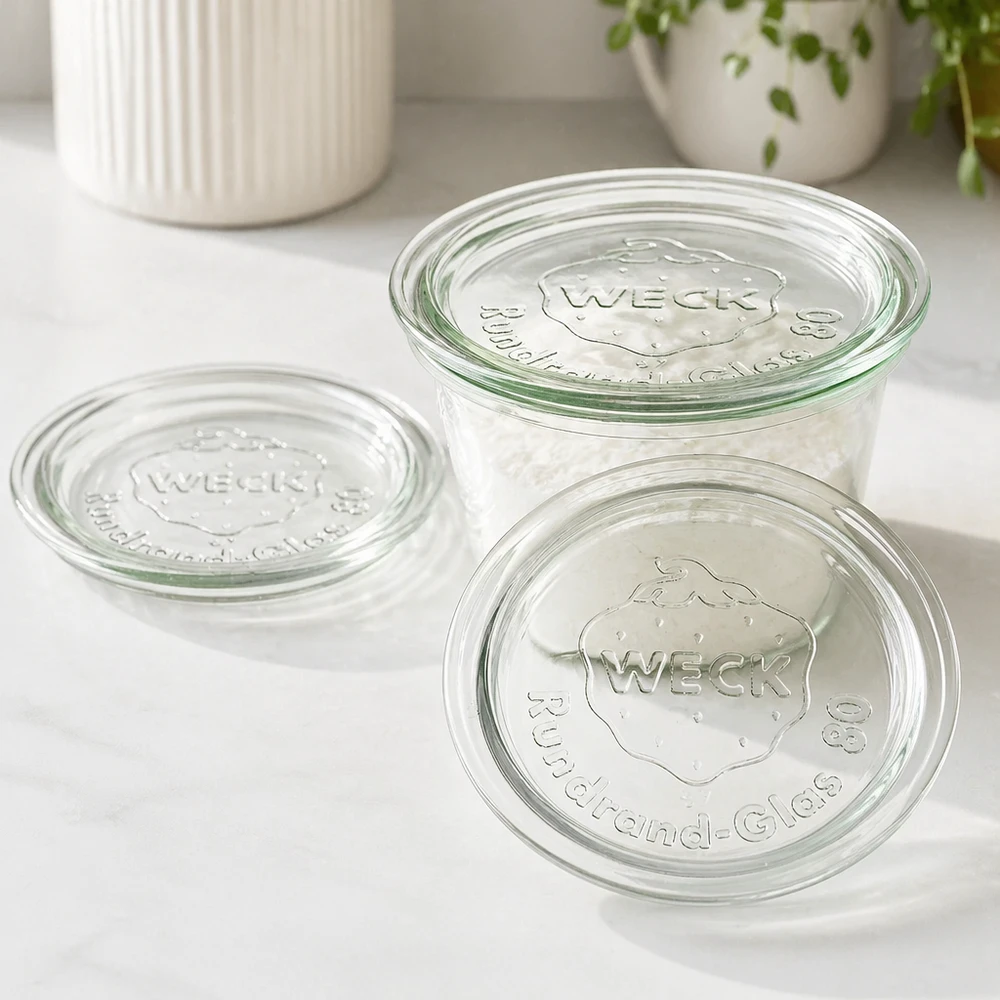 Tampa de vidro WECK RR80 WECK Glasdeckel RR80 Set mit drei Deckeln auf weißer Oberfläche in moderner Küche für stylische Aufbewahrung