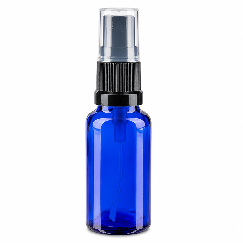 Frasco de farmácia azul 20ml spray top preto Frasco de vidro azul com pulverizador de 20 ml, com bomba pulverizadora preta e tampa protetora transparente