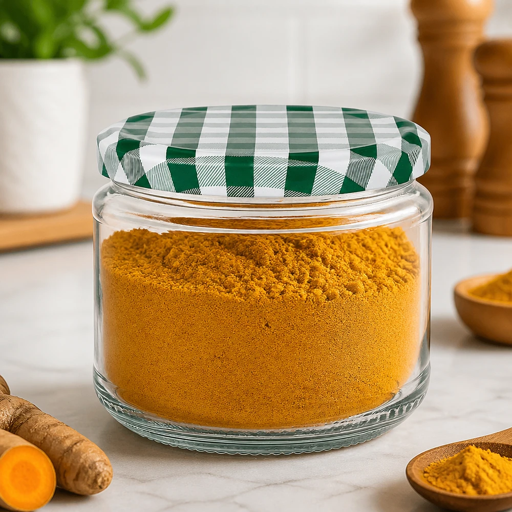 Frasco redondo de 330 ml cheio de curcuma em pó, tampa BasicSeal verde e branca, para guardar especiarias na cozinha