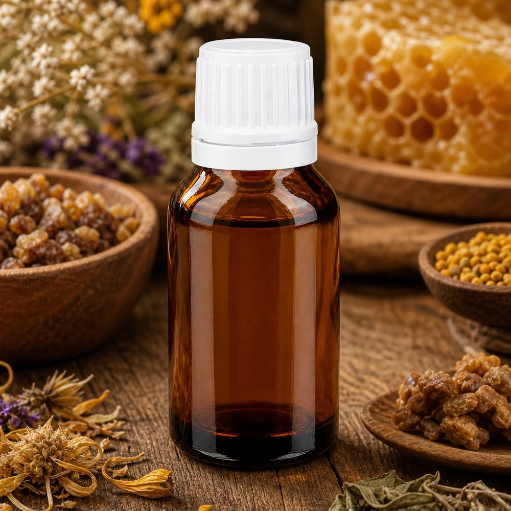Frasco de farmácia castanho 15ml com tampa de rosca branca com fecho inviolável Frasco de farmácia de vidro castanho de 15 ml com tampa de rosca branca, entre favos de mel e ervas
