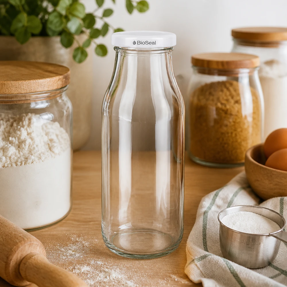 Frasco de 263ml com tampa BioSeal branca UNiTWIST UNiTWIST Bottle263 garrafa de vidro vazia em ambiente de cozinha com armários de madeira e utensílios de cozinha