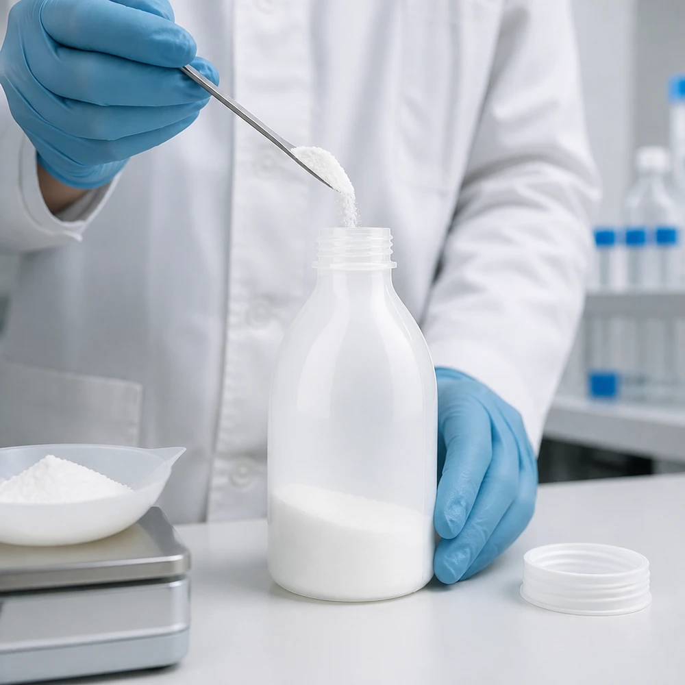 Frasco de laboratório de 250 ml, de gargalo estreito, em plástico HDPE branco, aberto durante o enchimento com pó branco