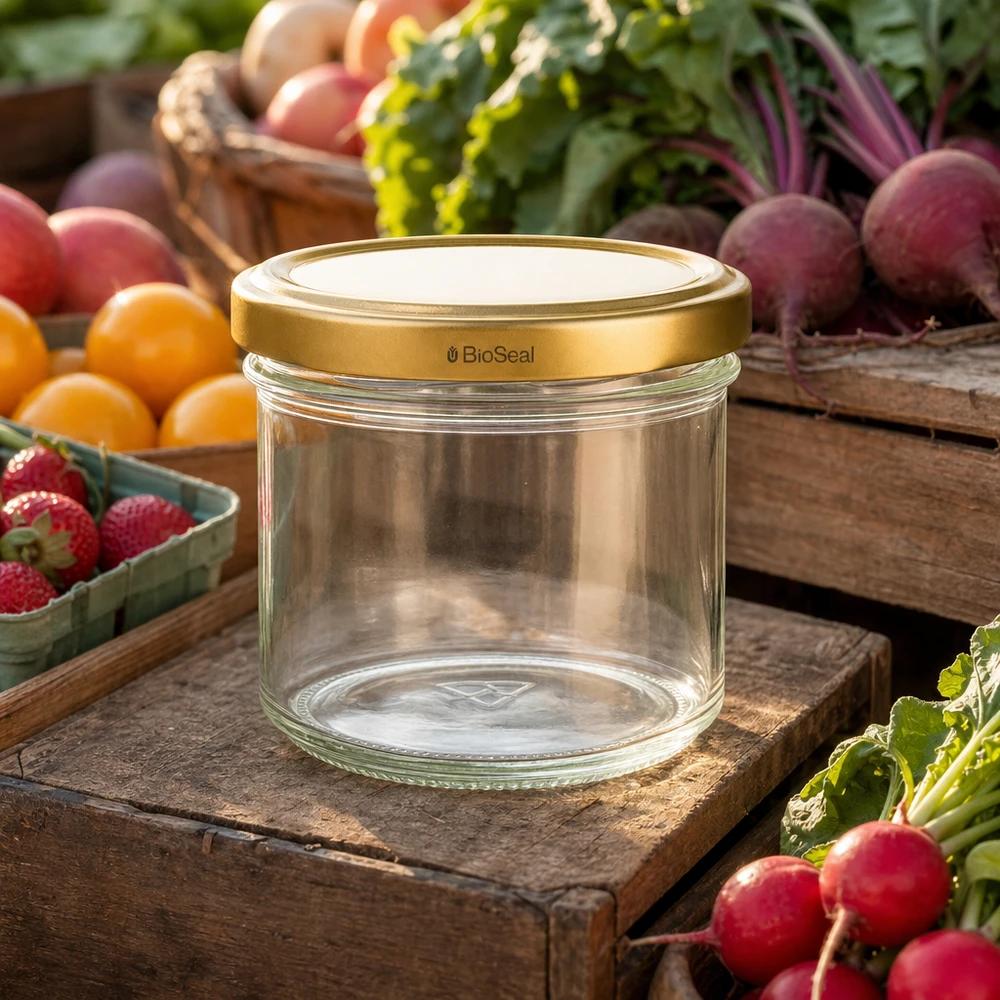 Copos de vidro de 125 ml com tampa dourada UNiTWIST BioSeal UNiTWIST 125ml Einmachglas leer mit goldenem TO66 Deckel - umgeben von frischem Gemüse und Obst auf Holzbrett