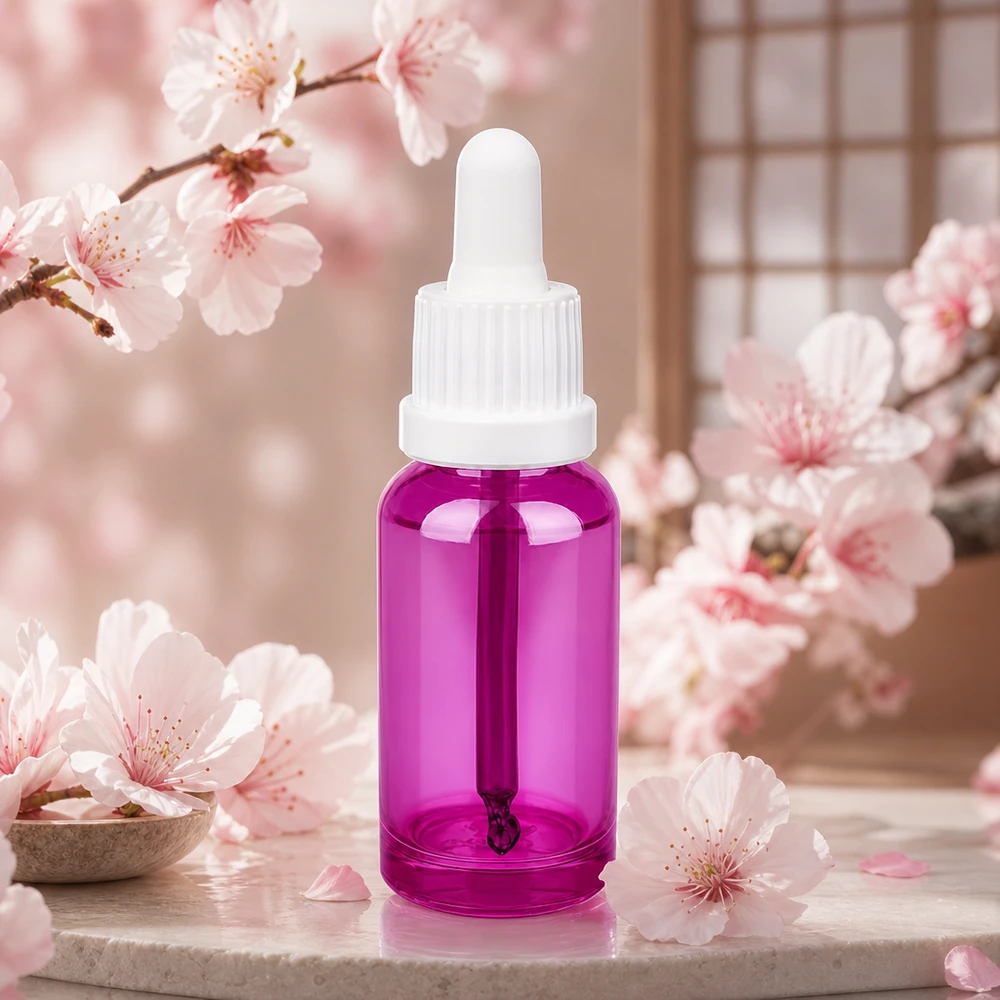 Frasco de pipeta de 20 ml de alta qualidade feito de vidro com um design roxo brilhante e uma tampa branca