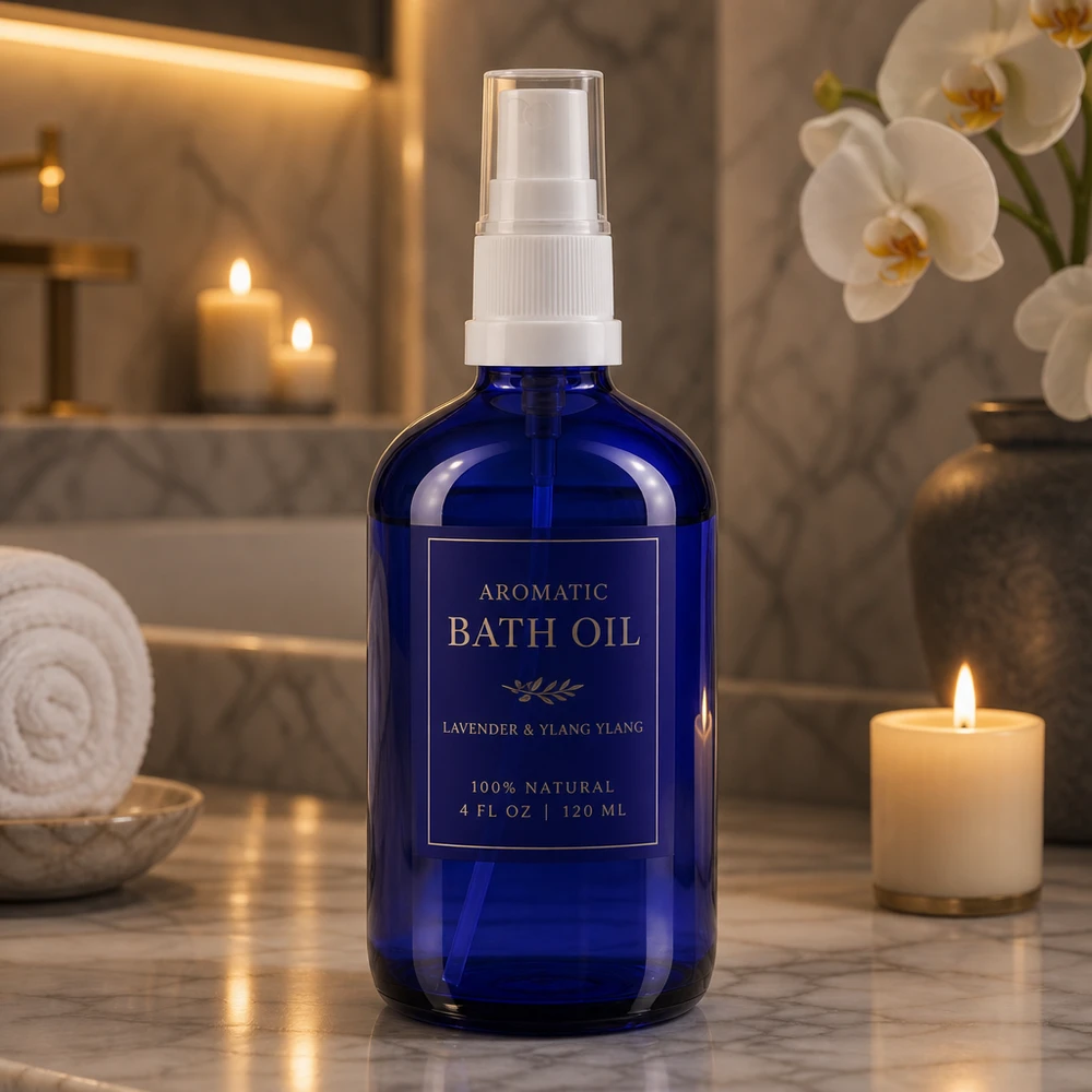 Frasco de farmácia azul 100ml spray anexo branco Frasco pulverizador azul de 100 ml, em vidro com proteção UV, com bico pulverizador branco, para óleos essenciais e aromaterapia