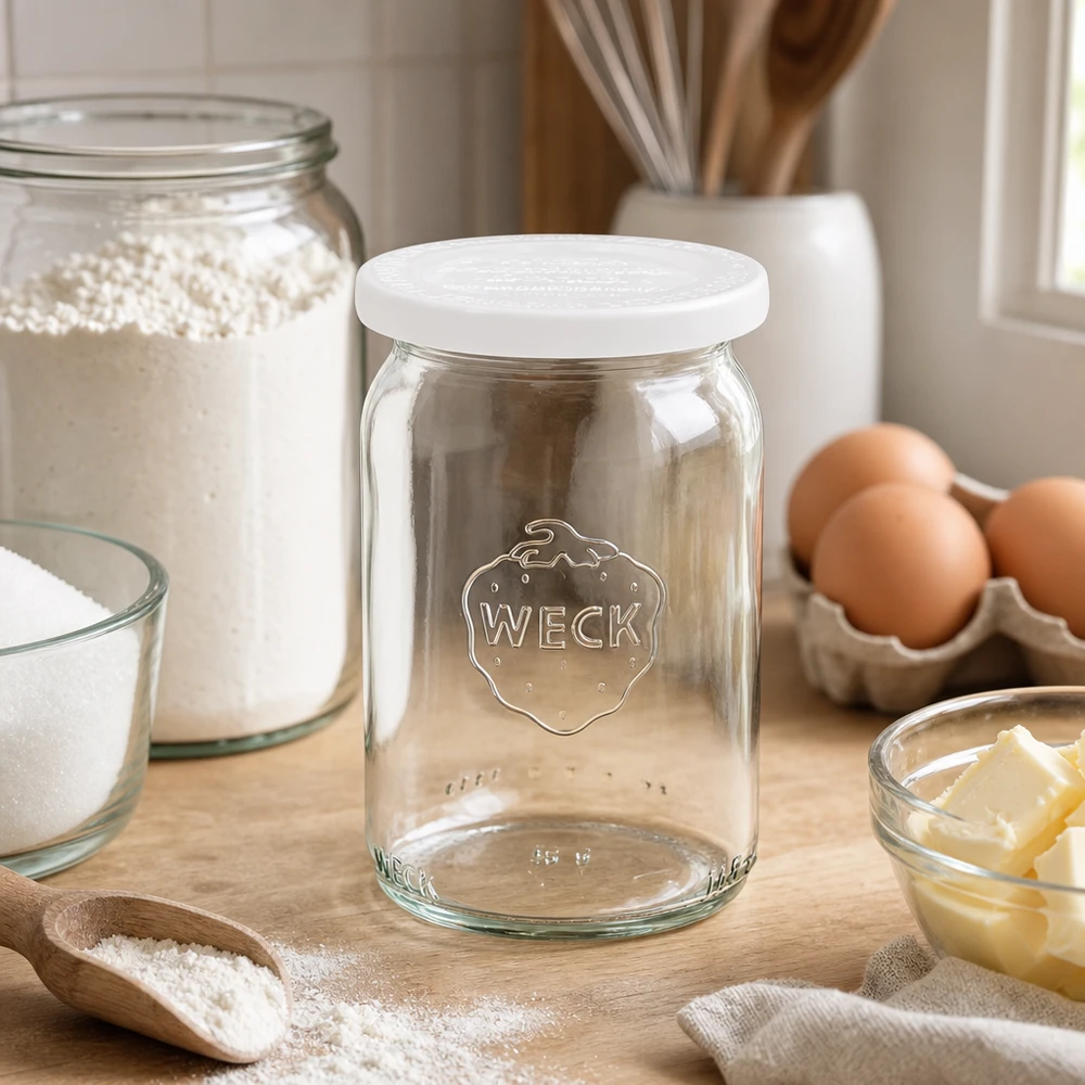 Frasco cilíndrico WECK RR40 de 145 ml com tampa branca sobre uma tábua de madeira ao lado de ingredientes de pastelaria como ovos, farinha e manteiga