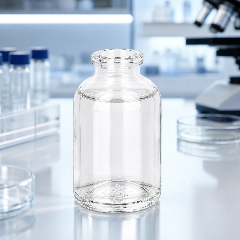 Frasco de injeção de vidro transparente 50ml Kleines 50ml Laborgefäß aus Klarglas neben Petrischalen und Reagenzgläsern