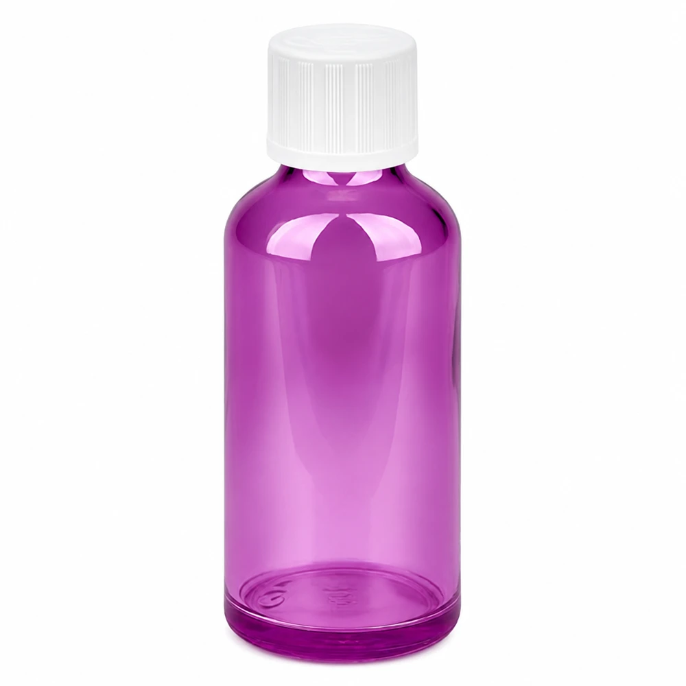 Frasco conta-gotas de 50 ml com 1,2 mm de vidro branco padrão resistente a crianças PurpleLine.UT18/50 Frasco conta-gotas de plástico de 50 ml em roxo com tampa de rosca branca e abertura para conta-gotas de 1,2 mm