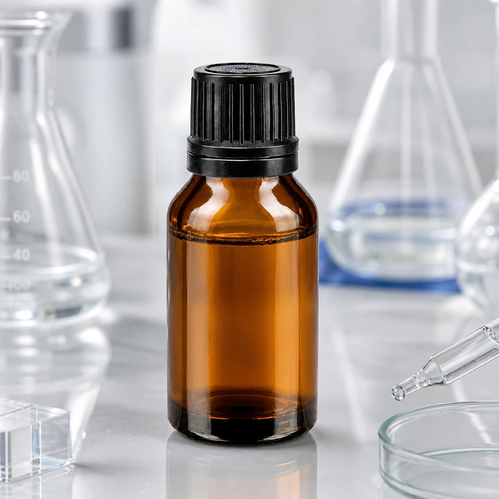 Frasco de vidro castanho de 15 ml com tampa de rosca preta e anel de vertimento em ambiente de laboratório