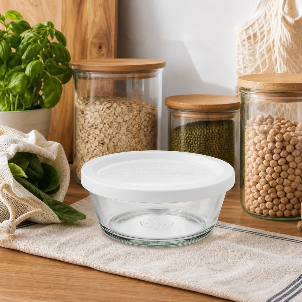 300ml Gourmetglas mit Frisched. WECK RR120 WECK RR120 Gourmetglas 300ml mit weißem Deckel in natürlicher Küchenumgebung mit Kräutern und Vorratsgläsern