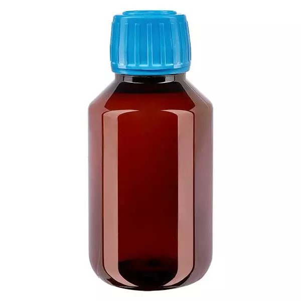 Frasco PET 100ml com tampa azul inviolável Frasco PET 100ml com tampa azul inviolável