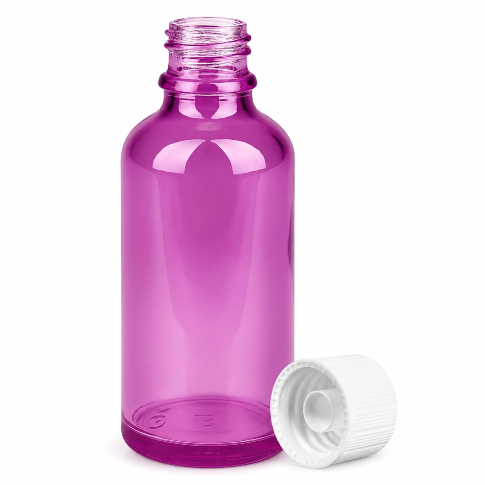 Frasco de 50 ml com tampa de rosca de 11 mm branco padrão PurpleLine UT18/50 Frasco conta-gotas pequeno de 50 ml em vidro roxo com abertura de 11 mm para óleos essenciais e soros