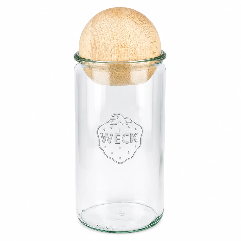 Frasco cilíndrico WECK 1590ml RR100 com bola de madeira de faia como fecho sustentável para armazenamento