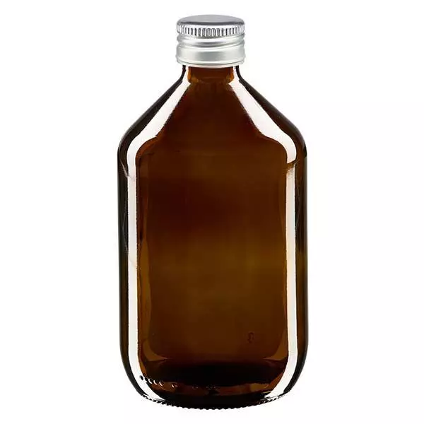 Frasco para medicamentos de 500 ml castanho, com tampa de alumínio prateada ApoGlas Frasco para medicamentos de 500 ml castanho, com tampa de alumínio prateada ApoGlas