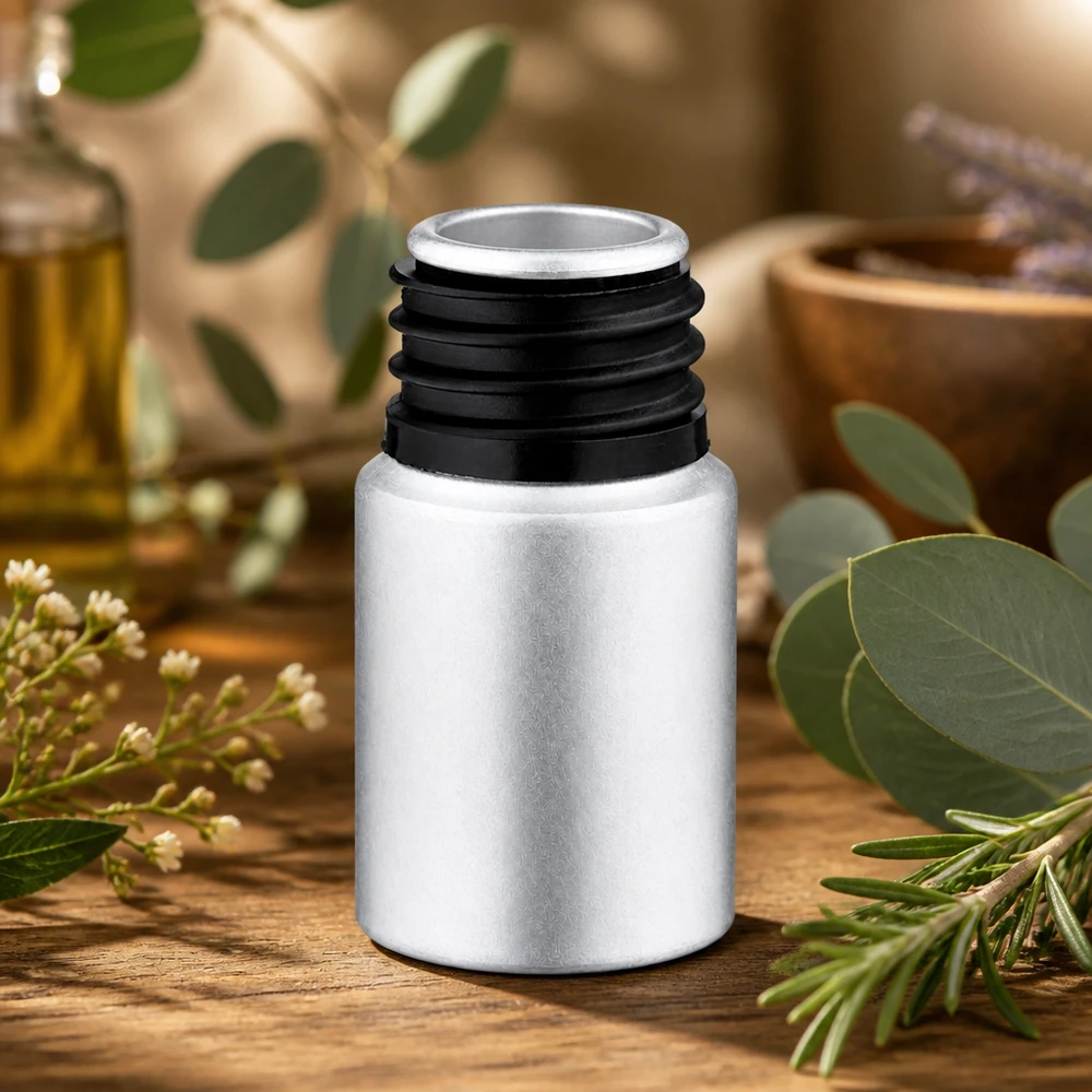Pequeno frasco de alumínio de 10 ml em prateado elegante para óleos e essências de aromaterapia